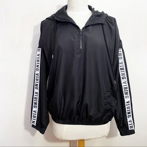 RUE 21 “Vibing” quarter zip hooded pullover jacket Size M Graphic down sleeves.